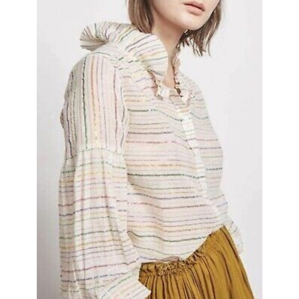 Antik Batik Rainbow Blouse Cotton Metallic Stripe with Pleated Collar Small